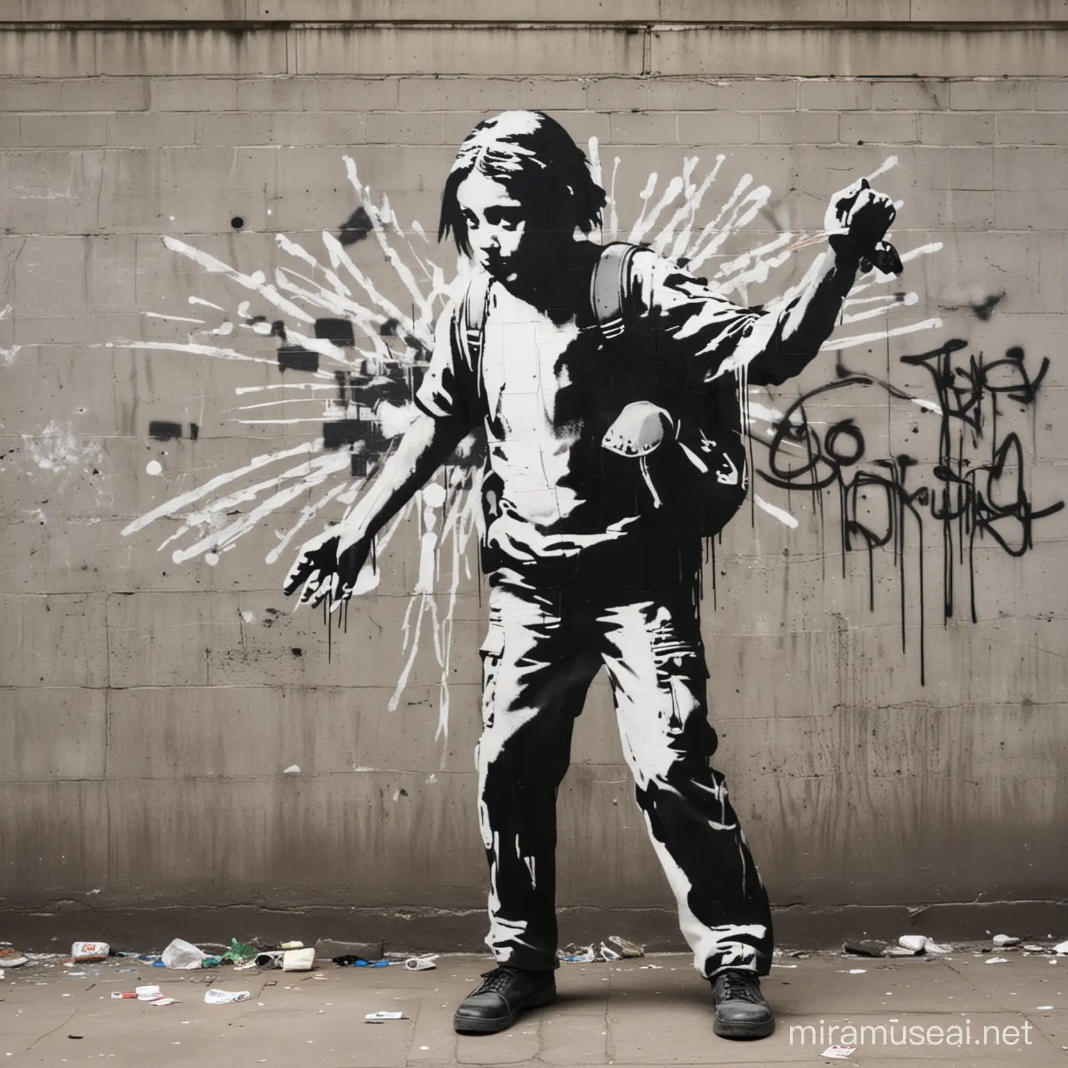 create me an image with a school shooting massage in the famous graffiti artist style, Banksy style
