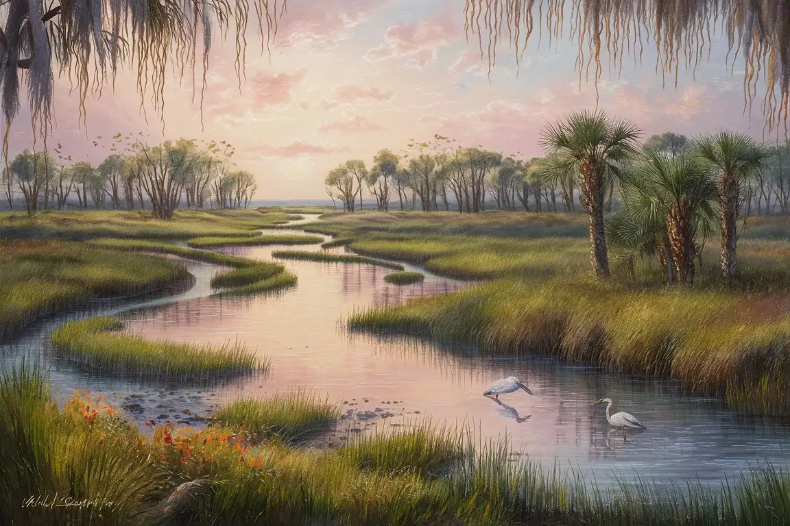 Imagine a serene scene capturing the essence of a Lowcountry marsh in South Carolina, illuminated by the soft, golden light of sunrise. The landscape is a harmonious blend of natural beauty, where the sky, awash with the gentle hues of dawn—pinks, oranges, and light blues—reflects onto the tranquil waters of winding tidal creeks. These meandering waterways cut through the marsh, creating a complex network of channels that are bordered by lush, green grasses and sporadic groups of palmetto trees, their fronds gently swaying in the morning breeze. In the foreground, delicate wildflowers add splashes of color, while a pair of egrets wade gracefully in the shallow waters, searching for their breakfast. The scene is peaceful and untouched, a perfect representation of the Lowcountry's unique and captivating landscape at the start of a new day. The style of the painting should aim to capture the tranquility and natural beauty of this setting, with a focus on the subtle interplay of light and color that defines the sunrise over the marsh.