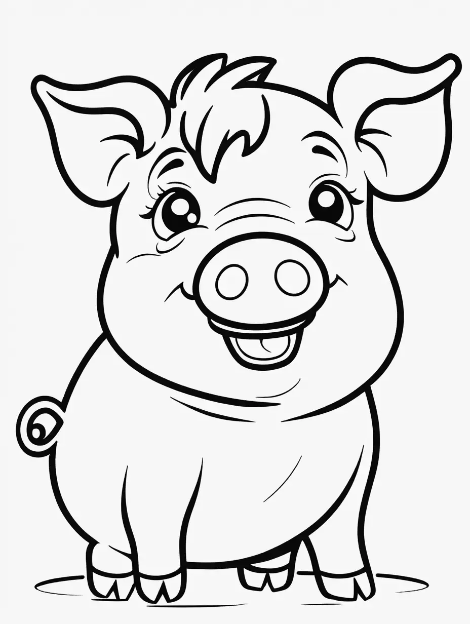 coloring book, cartoon drawing, clean black and white, single line, white background, cute pig