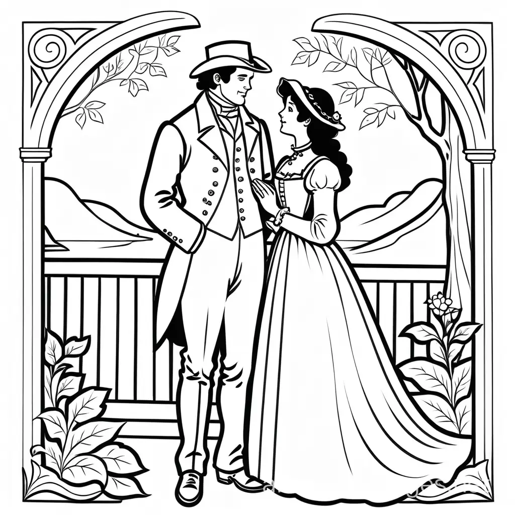 A romantic couple in the 1800s, Coloring Page, black and white, line art, white background, Simplicity, Ample White Space. The background of the coloring page is plain white to make it easy for young children to color within the lines. The outlines of all the subjects are easy to distinguish, making it simple for kids to color without too much difficulty