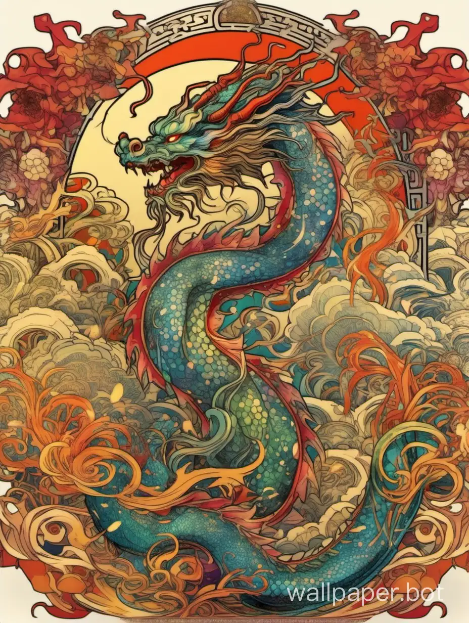 crazy dragon, ornamental asymmetrical, Chinese poster, Alphonse Mucha hyperdetailed, multicolored, dripping explosive colors, sticker art