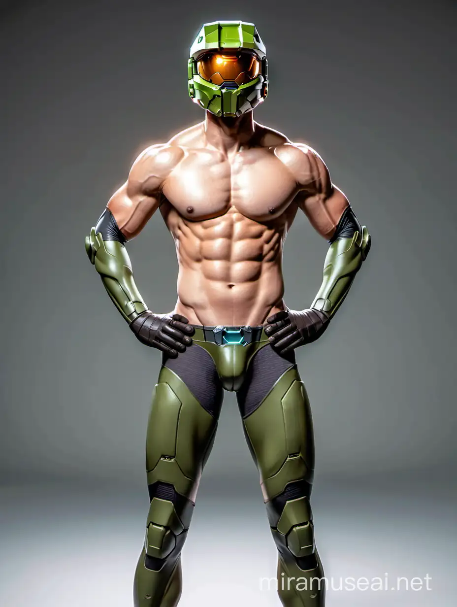 Muscular Model Poses in Master Chief Helmet by the Pool