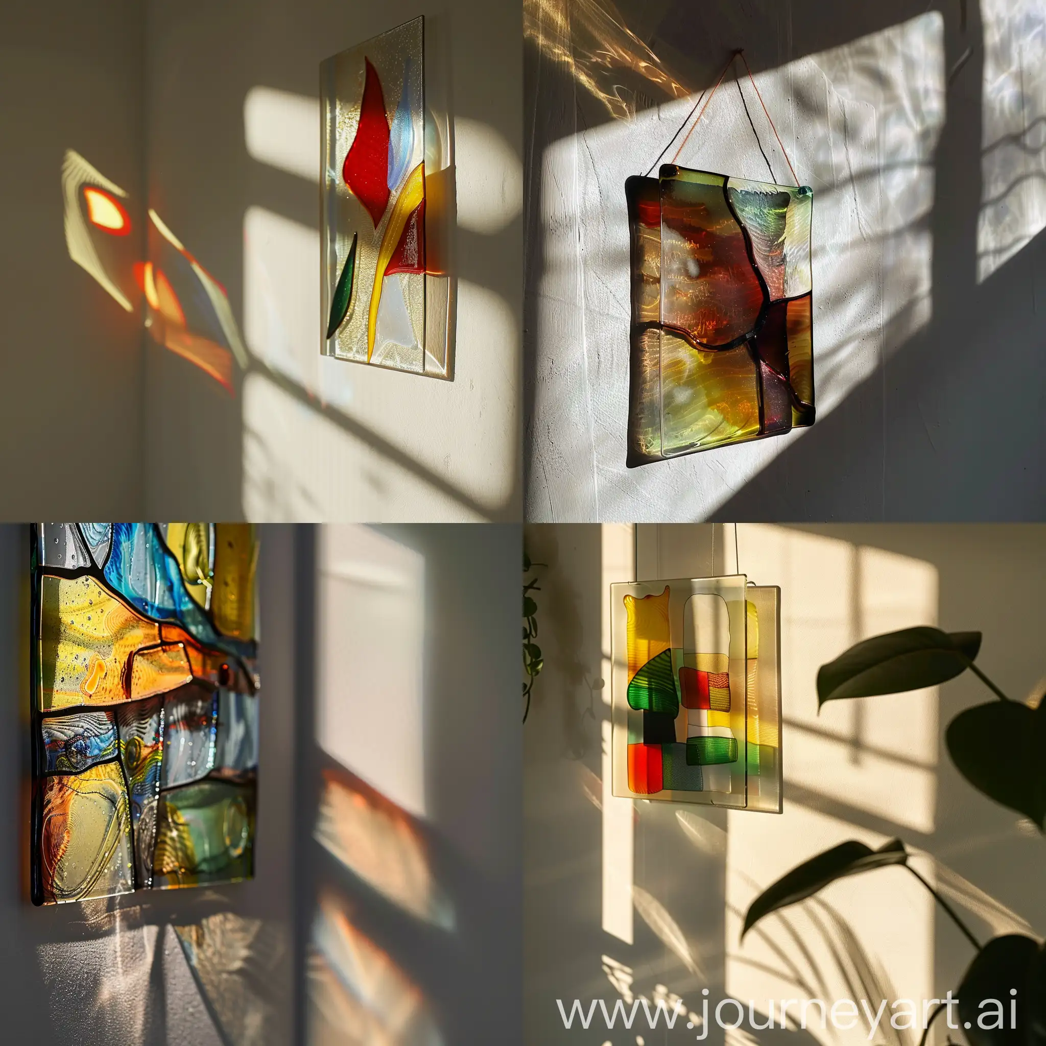 a close-up of a fused glass artwork hanging on the wall as its shadow is on the wall. It has stunning colors and it looks simple but very beautiful.