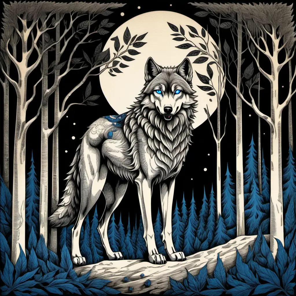 a wolf with black and silver fur with blue eyes standing in the moonlight fur surrounded by the dark forest, Victorian, etching, on light beige, bold color, muted palette, , loose line drawing, playfully intricate, puzzle-like elements,