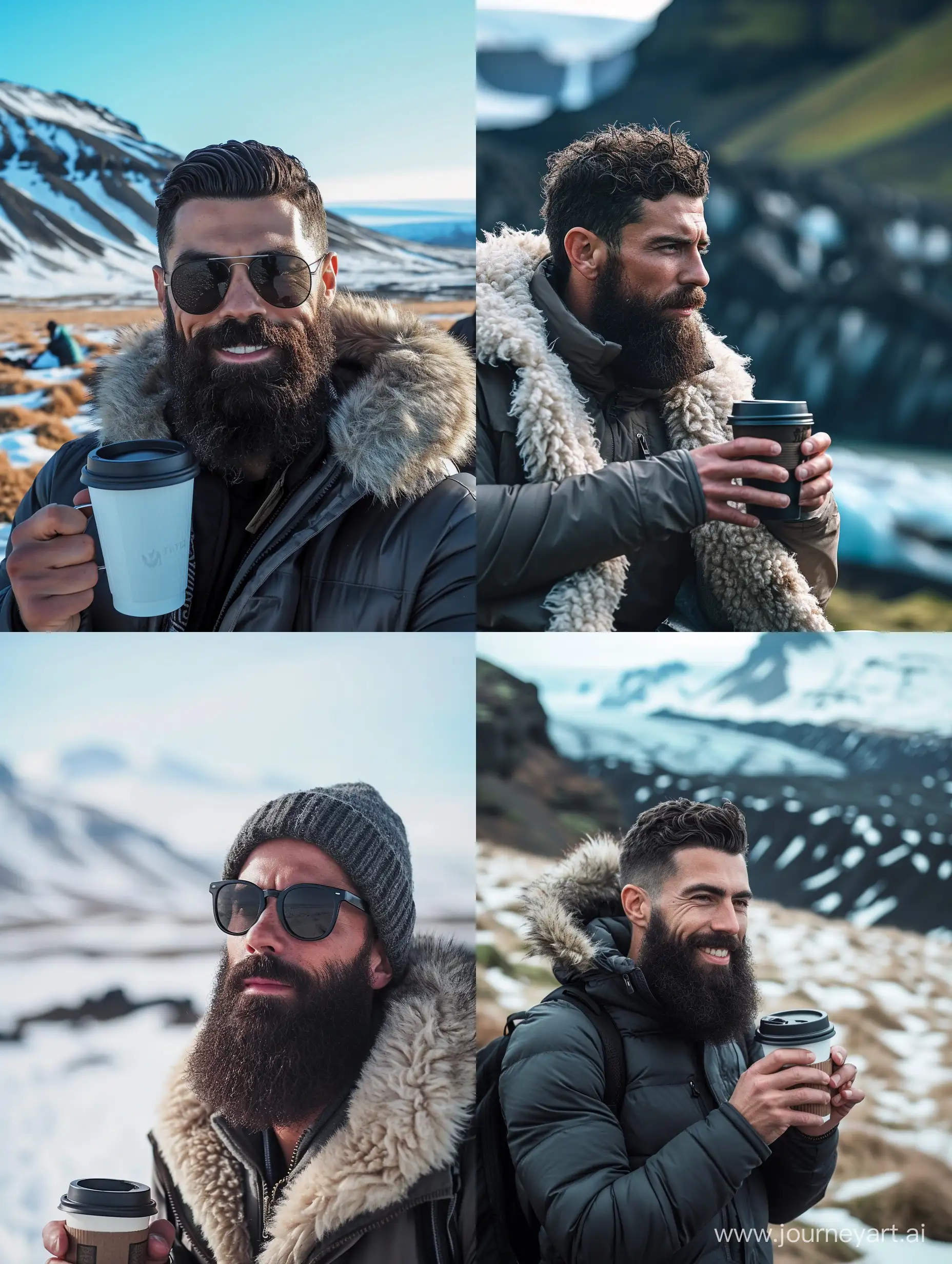 Ronaldo having beards and drinking coffee in Iceland. Midjourney style