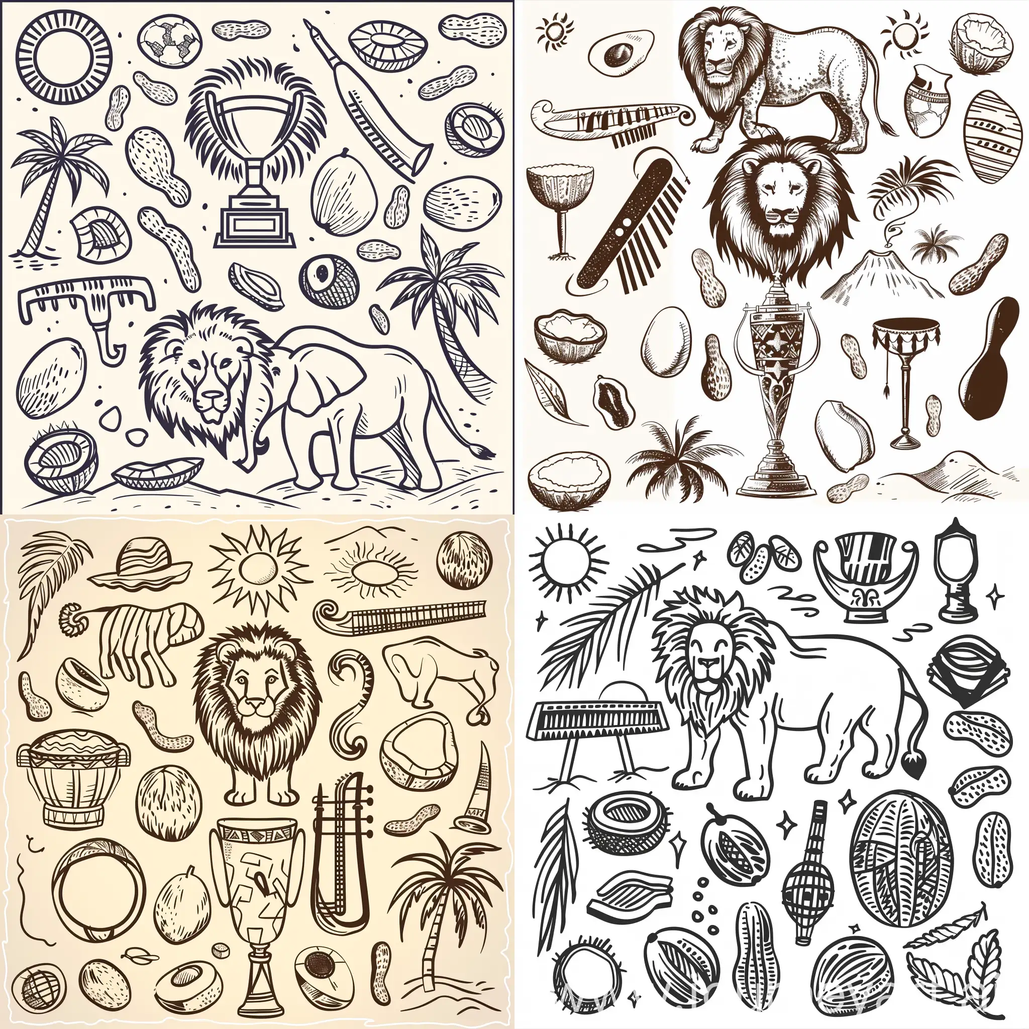 doodles with african motif add lion, elephant, african instrument, coconut, mango, sun, afrique silhouette, Palm, boabab, arachide, sand, Mango, African Cup Trophy