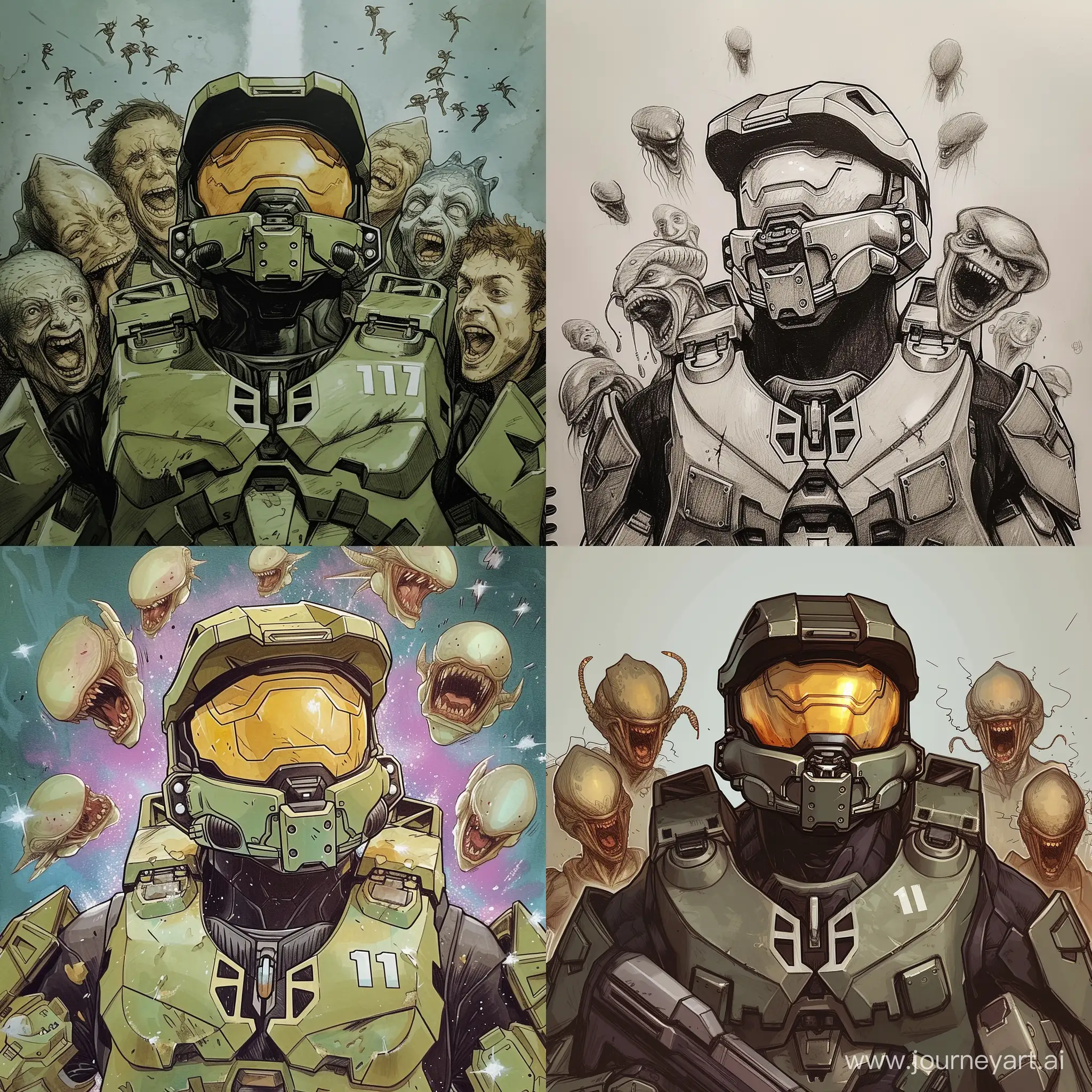 Draw a Master Chief with aliens laughing around him