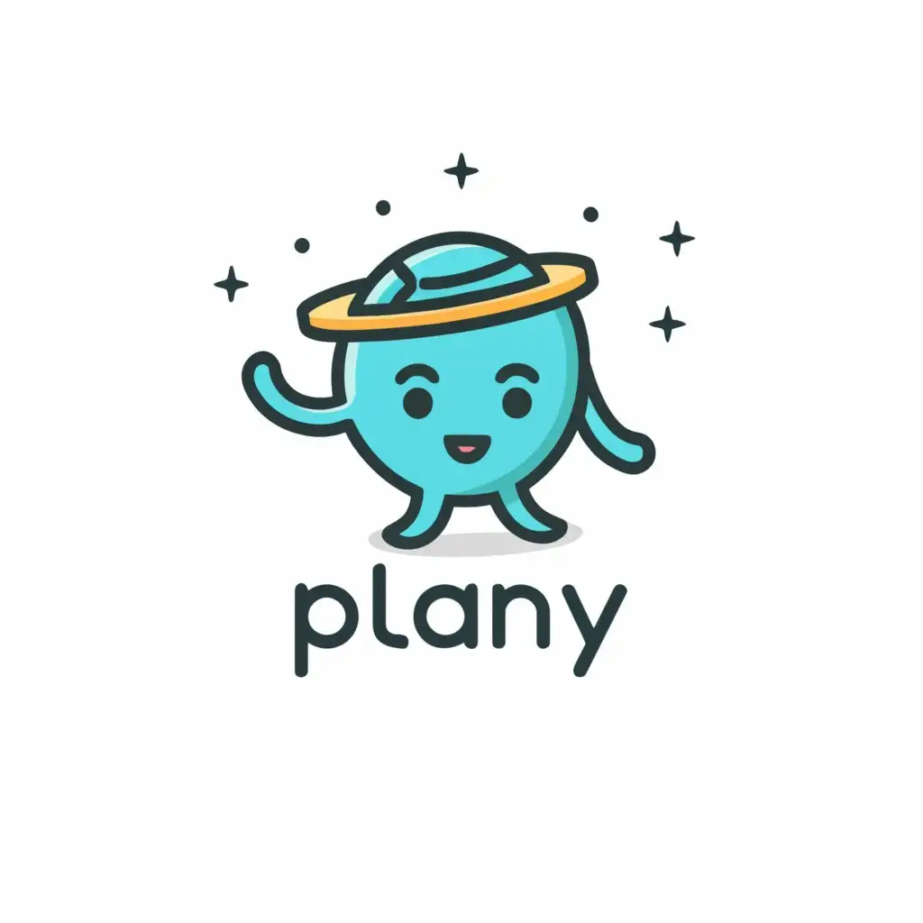a logo design,with the text "Plany", main symbol:The planet waves its hands with a hat,Minimalistic,be used in Travel industry,clear background