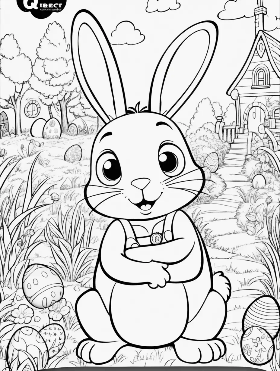 hidden object book for kids in pixar style, beautiful --v 5 --q 2, Cute, fairytale, whimsical, cartoon, Easter, simple, kids cartoon style, thick lines, black and white, Bunny, 