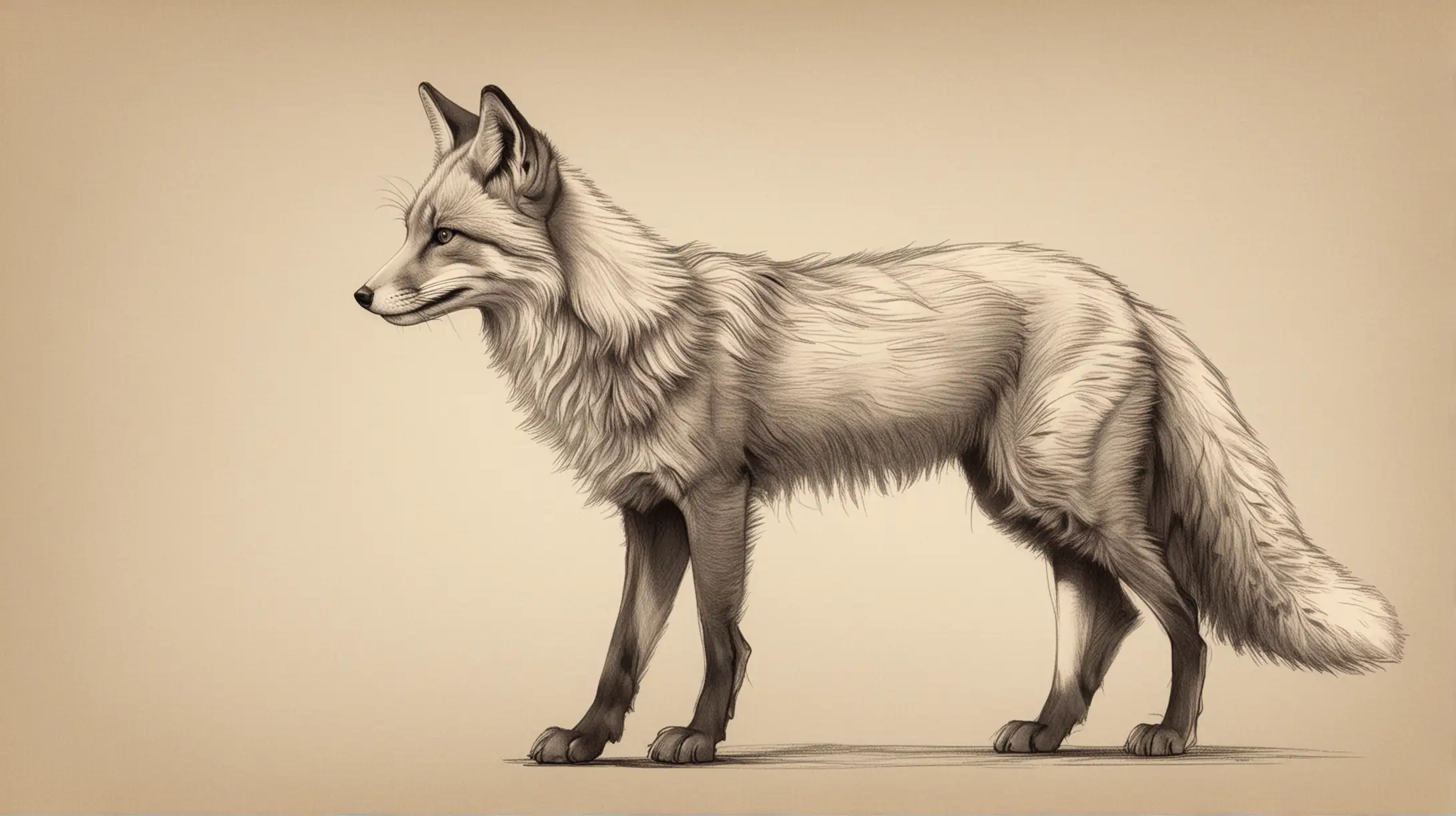 Skizziere einen majestätischen Fuchs in einer einfachen 2D-Seitenansicht, wobei sein buschiger Schwanz charakteristisch herausragt, aber ohne zu viele Details