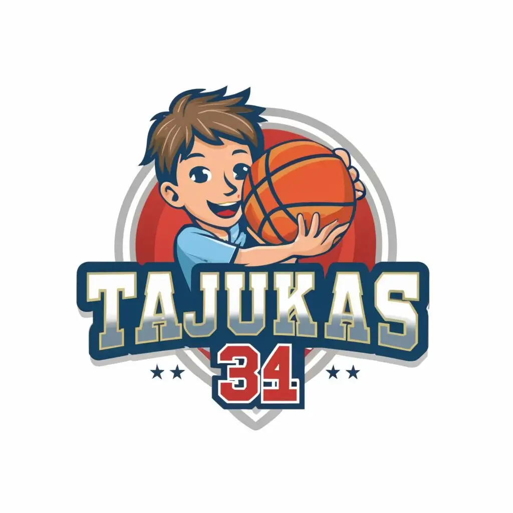 logo, boy who likes to play basketball, basketball, love, with the text "TAJUKAS 34", typography, be used in Home Family industry