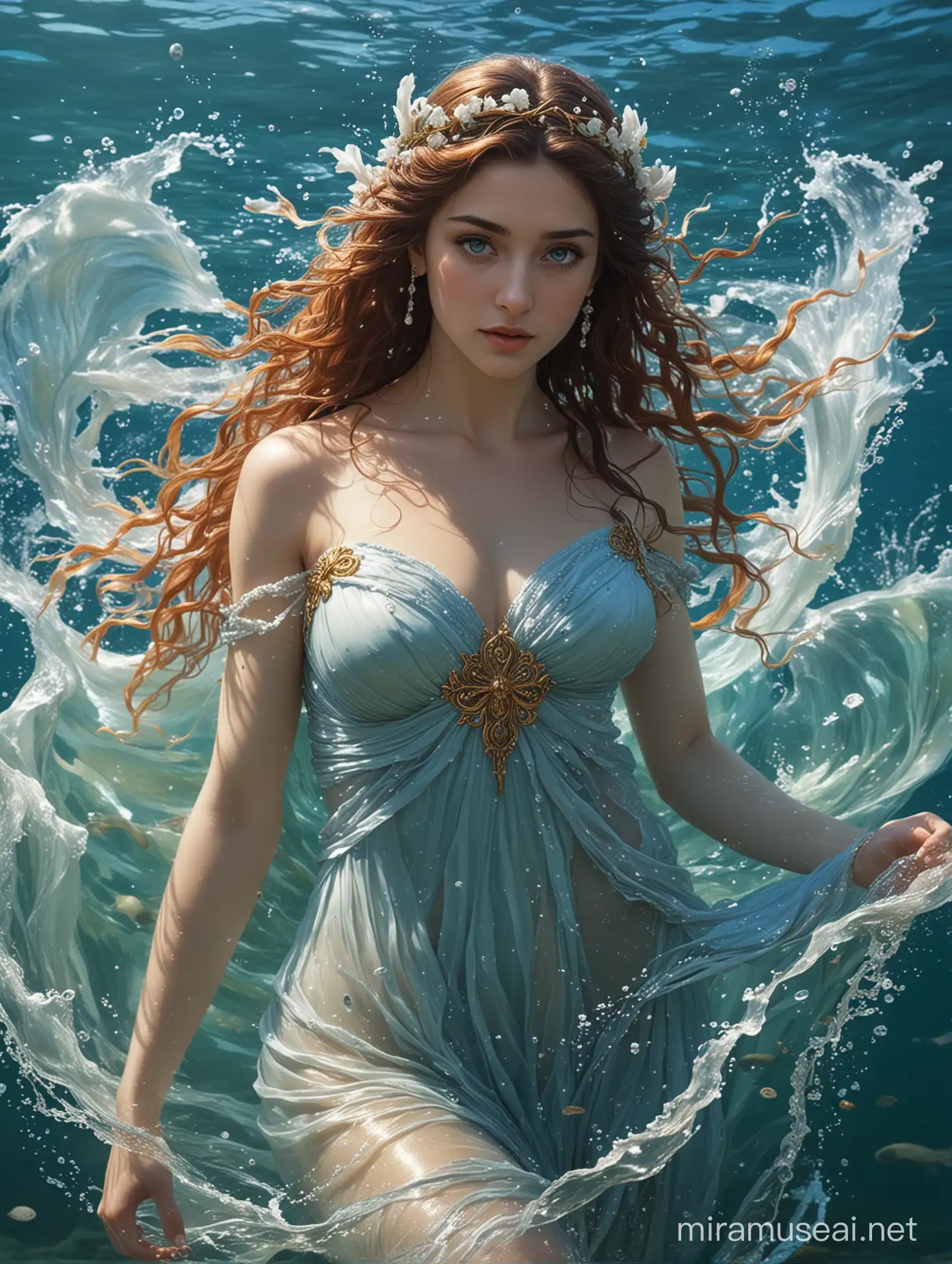 A masterpieced of Kimiya Hosseini as Leucothea, Greek goddess of the sea. She is under the sea, and her Greek dress flows ethereally in the water until it mixes with the water until it disappears. She has has blue eyes.

