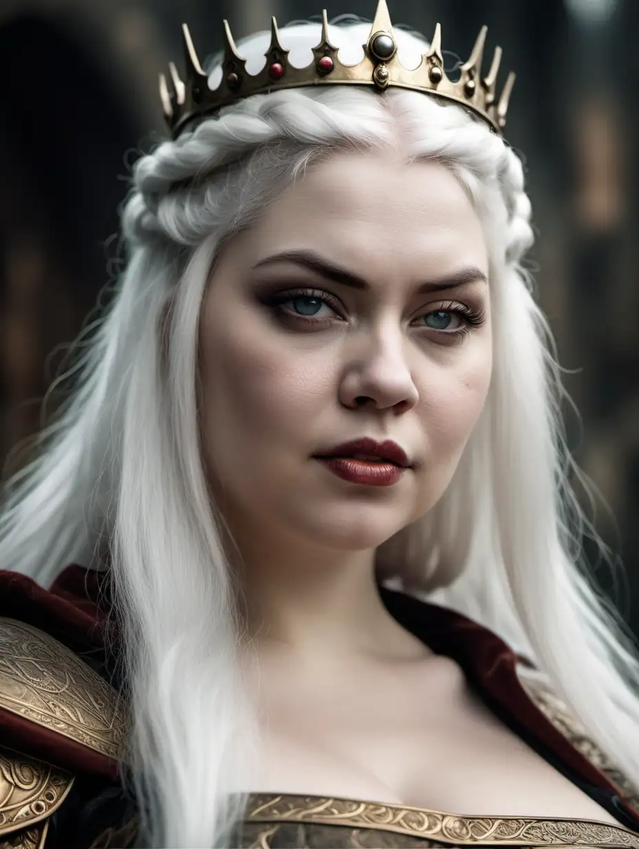 fantasy, medieval, queen, white hair, looking straight ahead, round face, strong jaw, plus size, pale skin
