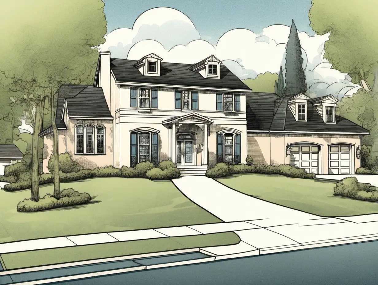 illustration of house with arched driveway in suburban neighborhood