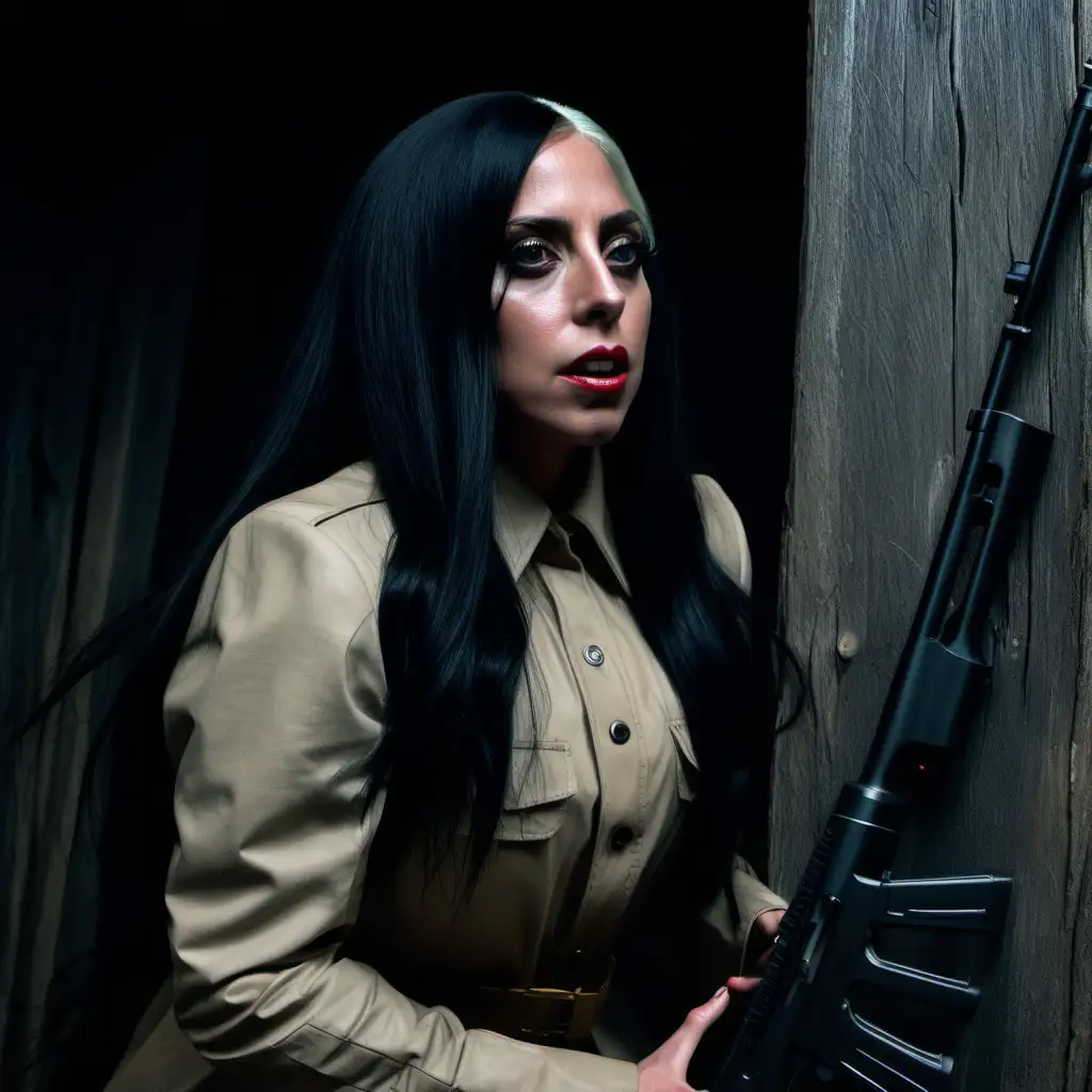 Lady gaga starring as a protagonist in a new horror movie. She has black hair, and is a hunter trapped in a lodge by herself