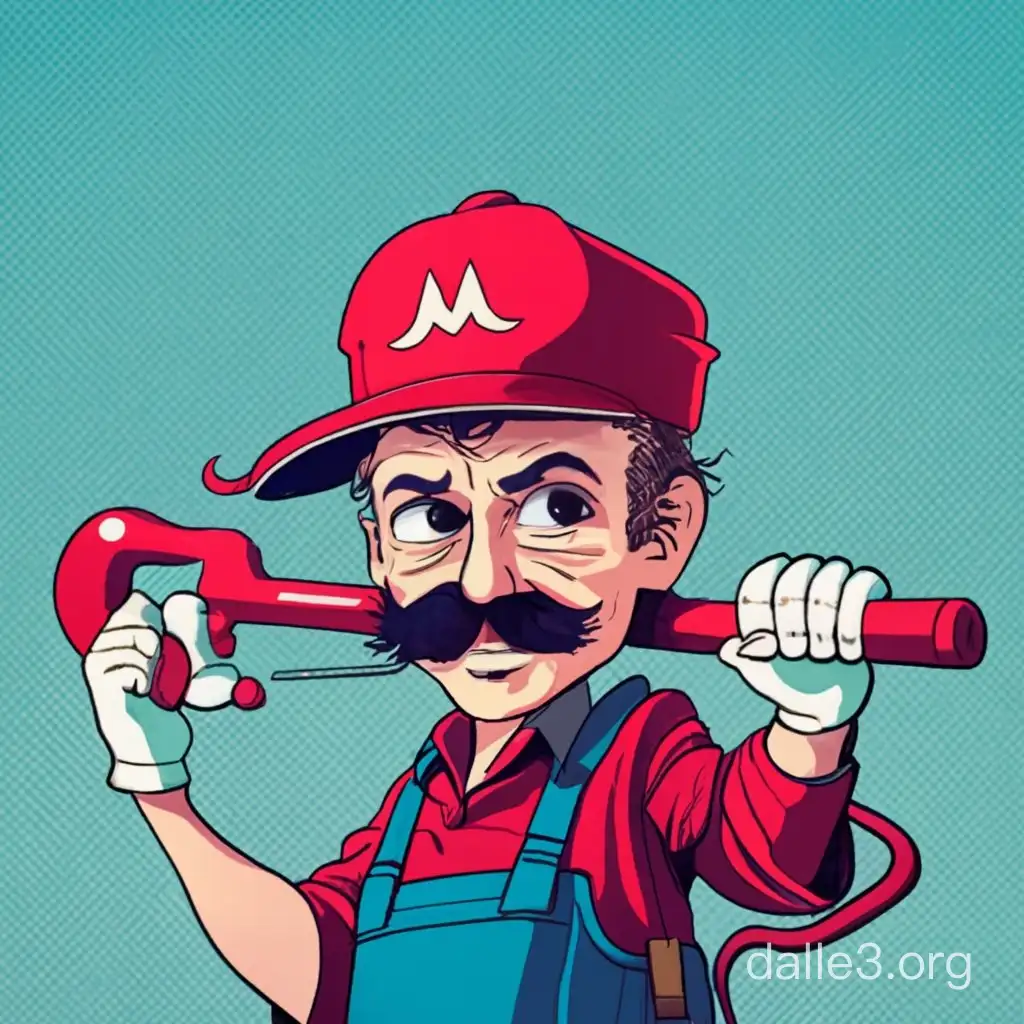 an anime pic of a stereotypical 1980s plumber with a moustache. Blue overalls, red shirt, red hat Something a Japanese executive would think