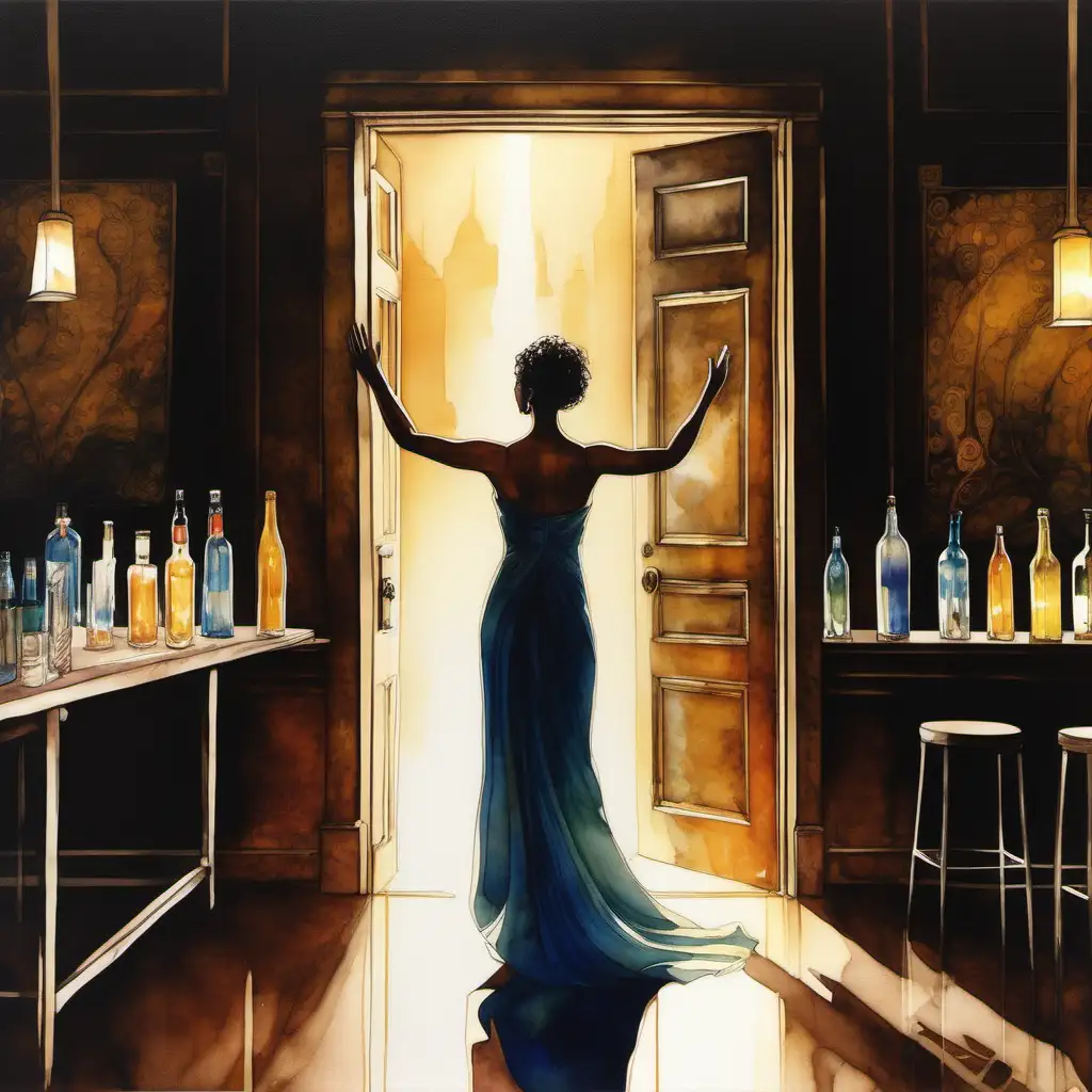 Within the warm confines of a dimly lit bar, a woman in her 30s stands before a door bathed in radiant light, a symbol of the bright future that awaits her. Her gaze is fixed on the threshold ahead, her expression one of quiet determination and anticipation, a smile gracing her lips as she prepares to step into the unknown.

Surrounding her, a jubilant crowd fills the room, their voices rising in a chorus of encouragement and support. Hands raised in celebration, they cheer her on, their faces alight with excitement as they inspire her to chase her dreams with unwavering resolve.

Dressed in an elegant ensemble that exudes grace and poise, the woman is the epitome of beauty and confidence. Each stroke of watercolor captures the delicate details of her attire, from the flowing lines of her dress to the subtle shimmer of her accessories, enhancing her radiant presence amidst the throng.

In the background, the bar fades into soft washes of color, its details obscured by the luminous glow of the doorway. Rays of light spill into the room, casting a warm and inviting aura that envelops the scene in a sense of hope and possibility.

At the center of it all, the woman stands tall and resolute, her eyes fixed on the path before her. With the cheers of the crowd echoing in her ears and the promise of a bright future beckoning her forward, she takes a step toward her destiny, ready to embrace the journey with open arms.

The painting captures a moment of transition and transformation, inviting viewers to share in the excitement of chasing dreams and stepping into the light of a new beginning, surrounded by the unwavering support of those who believe in the power of possibility.