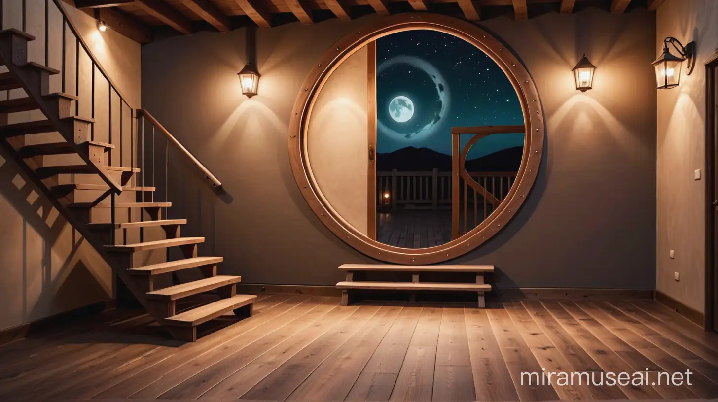 fondo fotográfico con ventana circular en el lado derecho de noche pared   con tonos marrones y suelo de madera rustico escalera  de madera  en el lado izquierdo efecto oleo
 