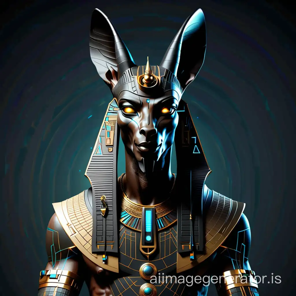 A visualization of the character of Anubis, the Egyptian god, in a futuristic technological form