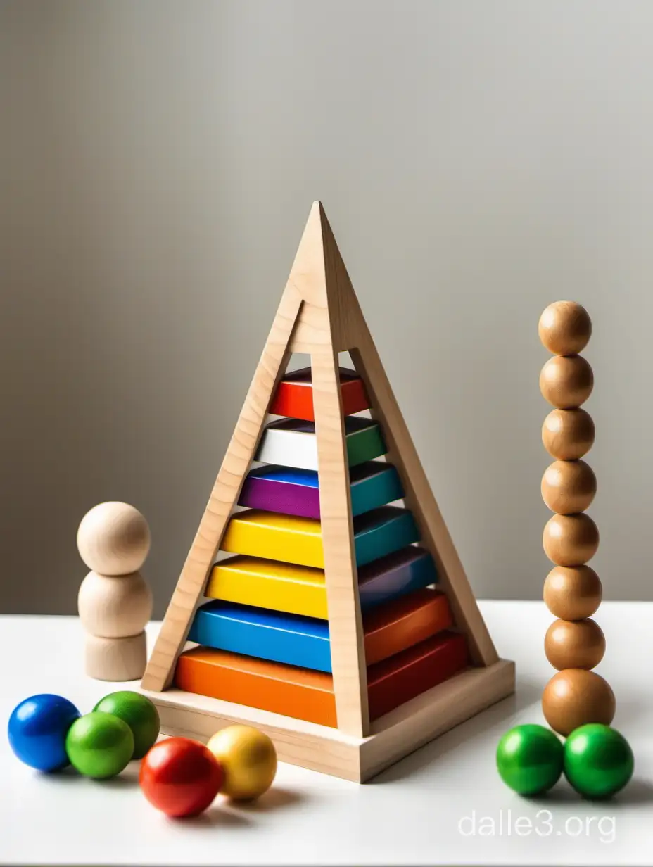 a children's wooden pyramid Stands on the table, next to other toys