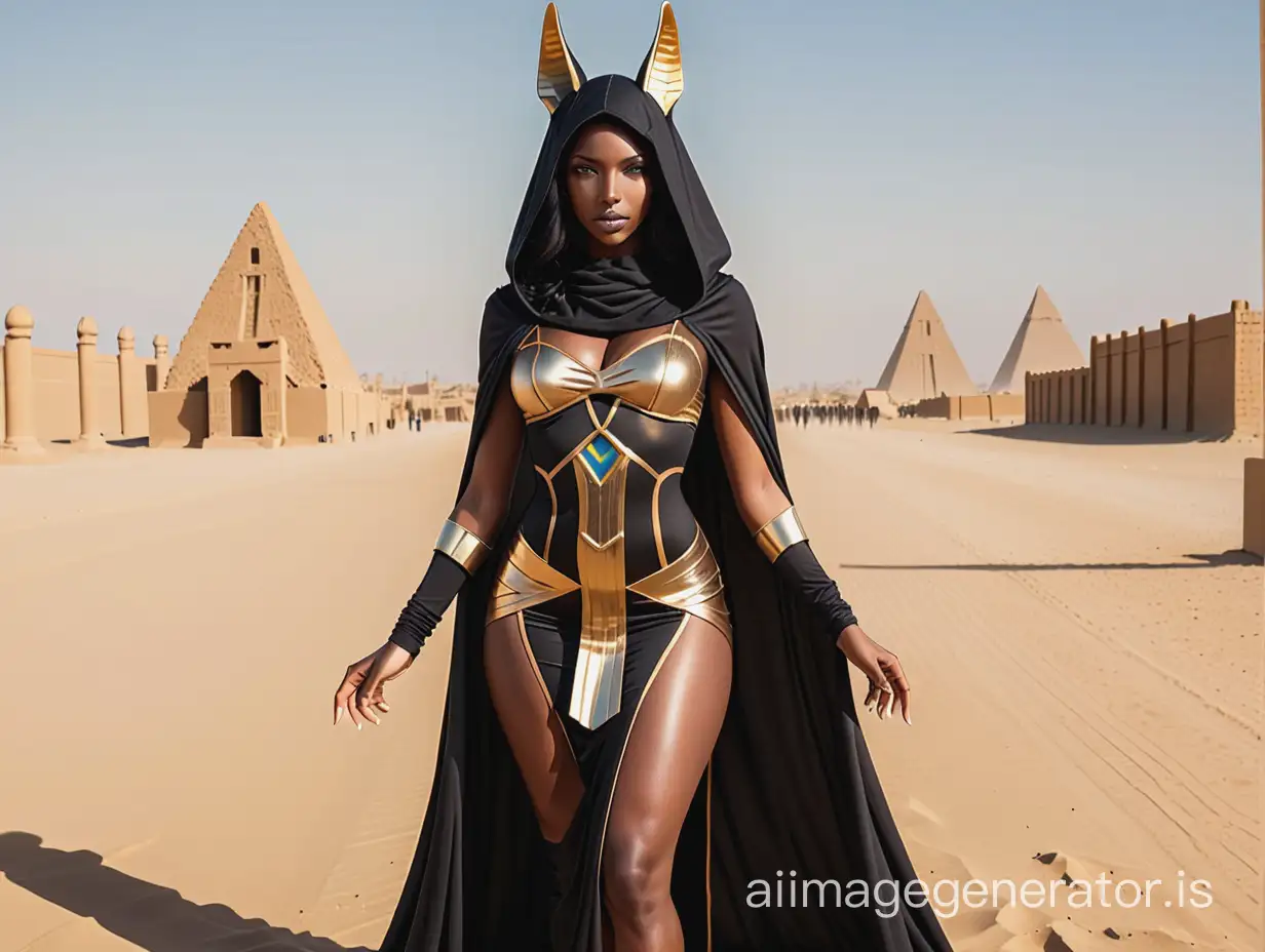 black woman Anubis-inspired dress with black hood and gold undertones full body with her using her powers to guide people to their graves with a little skin showing in her dress
