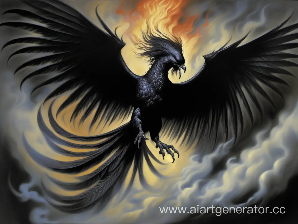 чёрный, из дыма феникс в полёте, с расправленными крыльями, атакующий, в стиле Бориса Вальехо.