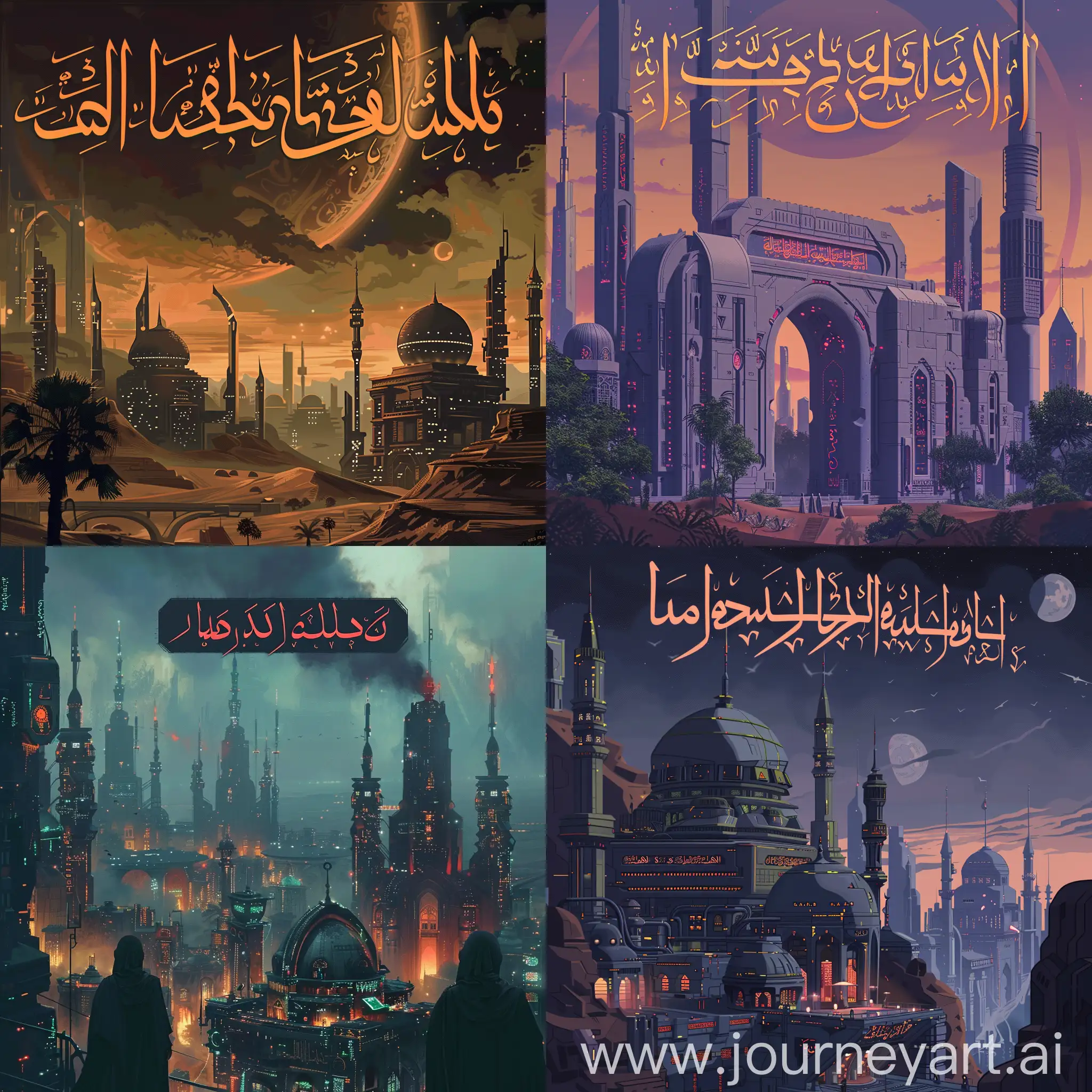 generate a Ramadan Mubarak image, with a cyberpunk Islamic architecture background, without any people in the image. Have the image have the writing "رمضان مبارك" in Arabic. Make the Arabic writing conforming to the historical Arabic calligraphic writing styles.