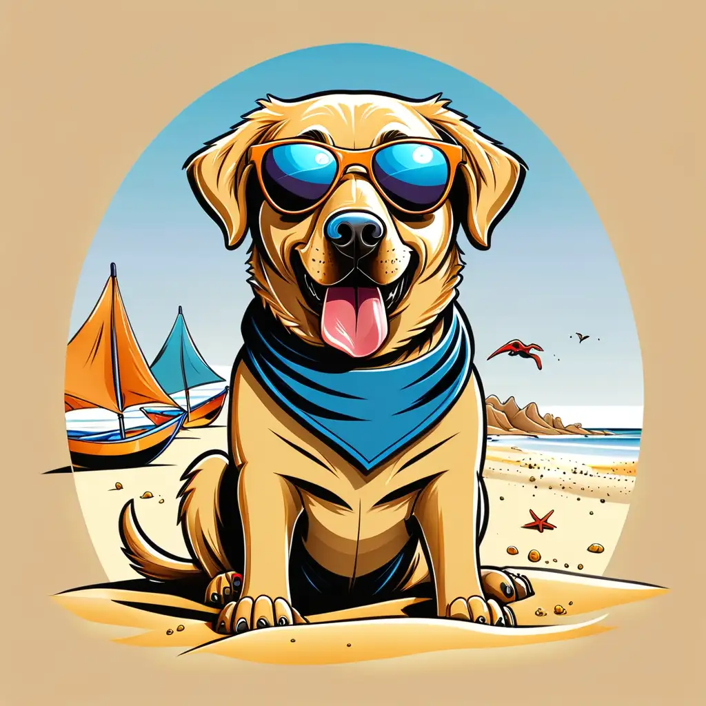 Cartoon Labrador shepherd in sunglasses on the beach, sand, 7 colors in image, design for a t-shirt


