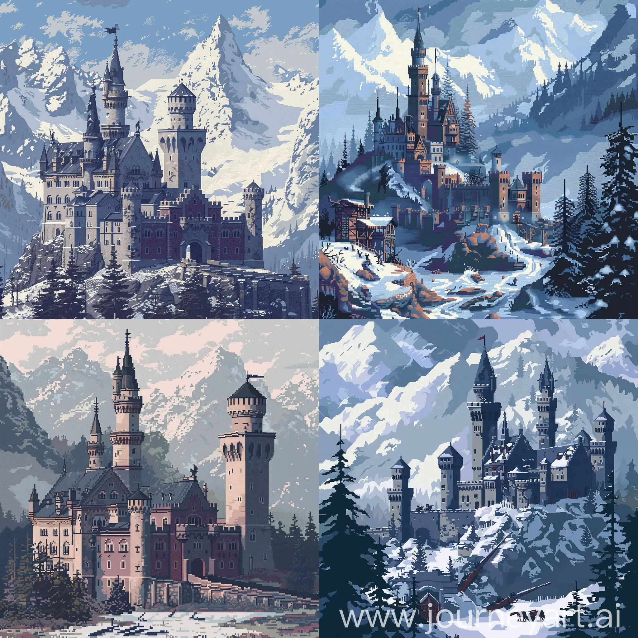 Pixel arts, cold colors, siege of castle in 1930 with guns, castle on the mountain