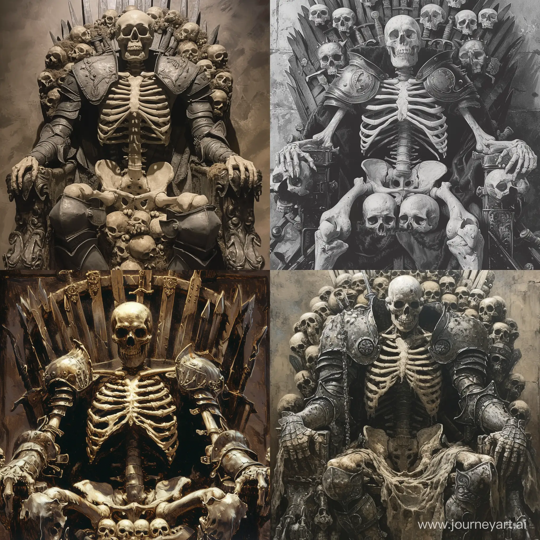 Huge, enormous, Skeleton king, sitting on a throne with armour, his ribcage is showing, his throne is made of skulls.