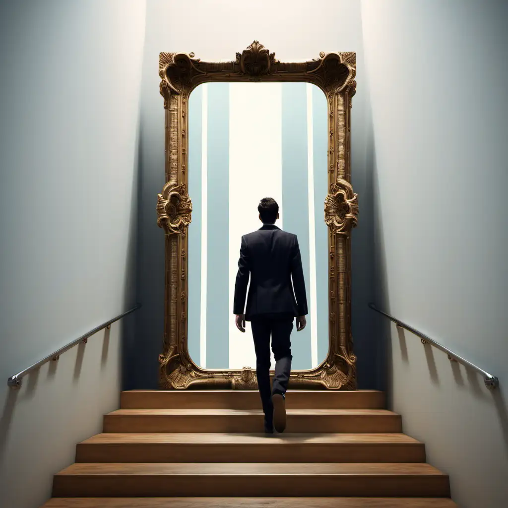 Man Ascending Stairs towards SelfDiscovery in Front of Mirror