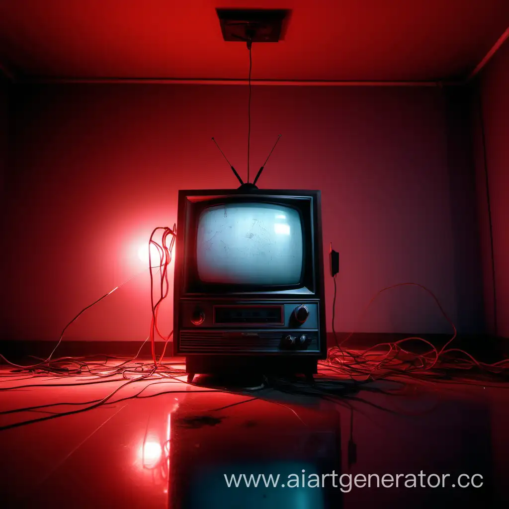 старый телевизор с кинескопом стоит посреди комнаты на отражающем полу .на экране телевизора  помехи .С потолка свисают провода , обшарпанные стены .Приглушенный красный свет