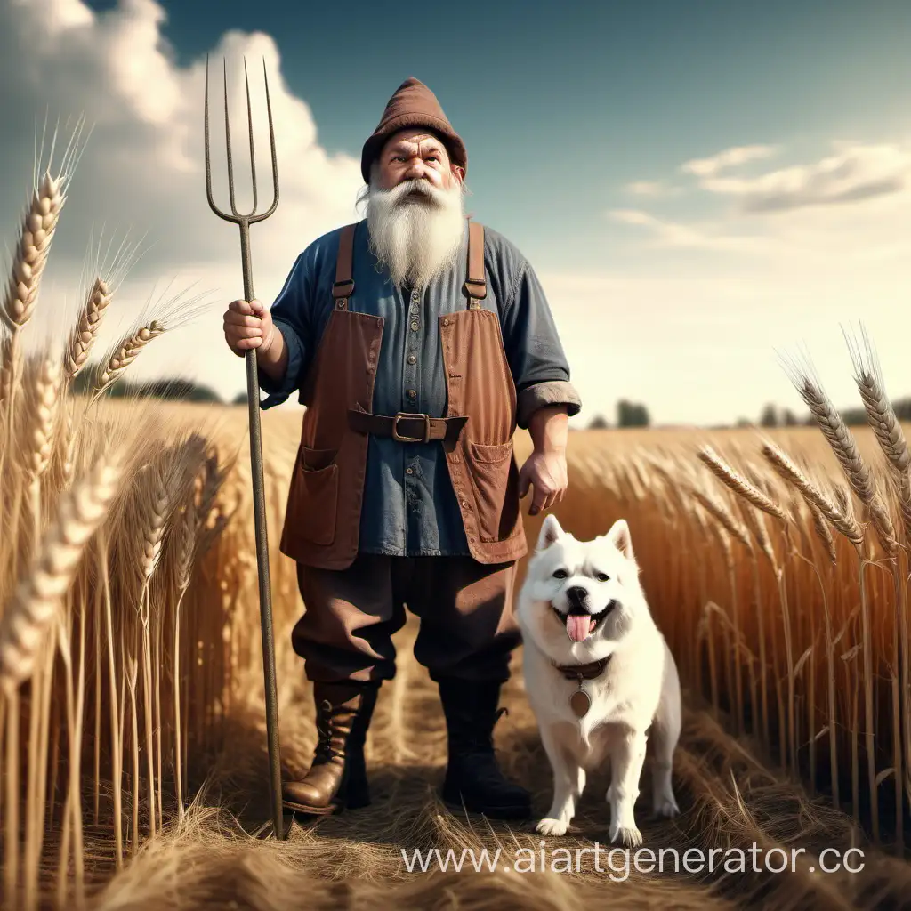 Взрослый фермер дворф с собакой, стоит возле пшеничного поля, в руках у него вилы, фентези мир