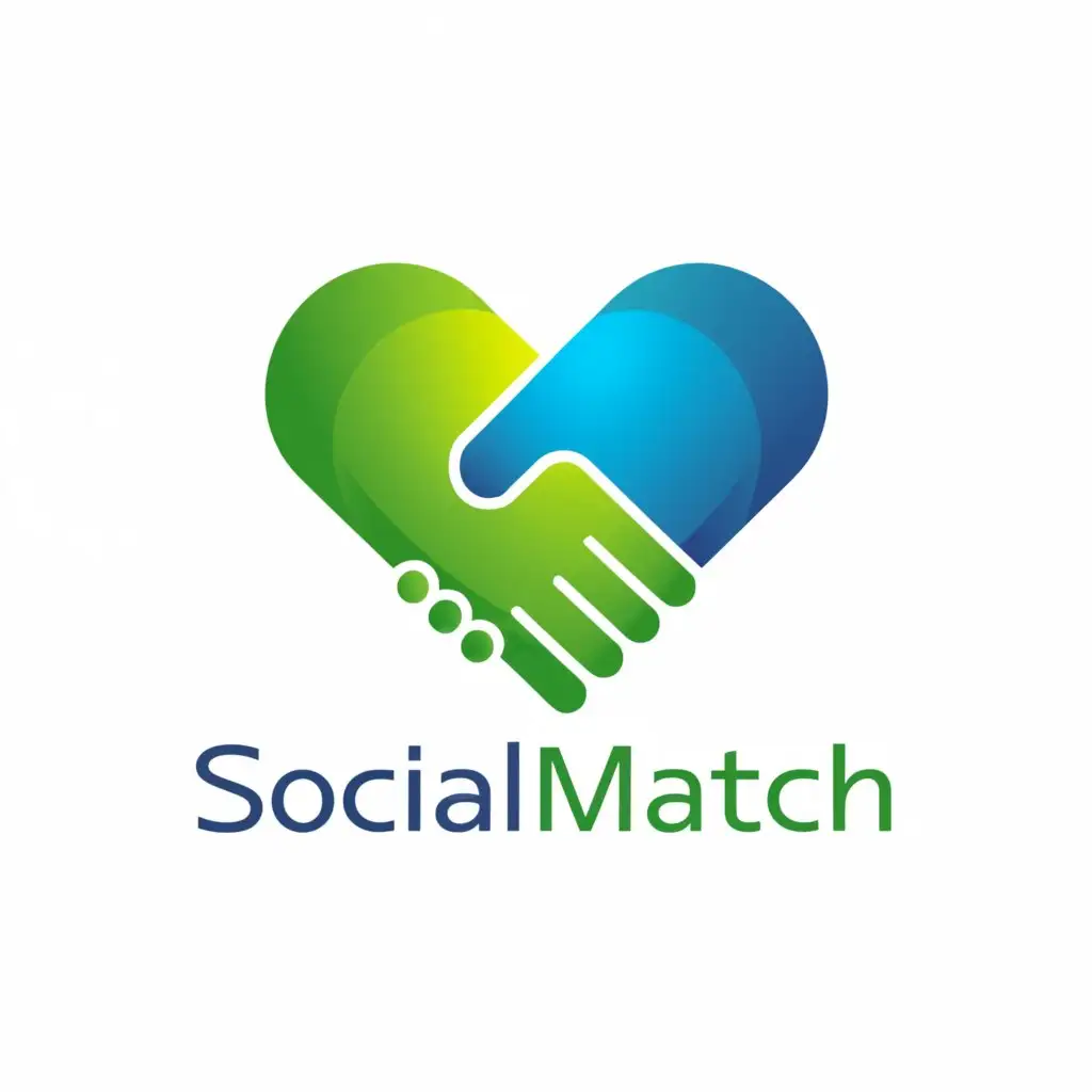 a logo design,with the text "SocialMatch", main symbol:The SocialMatch logo must convey the values of solidarity, transparency, empowerment, inclusion, and impact. The logo presents a unique symbol that combines elements of connection and collaboration. A stylized representation of two hands joining in a handshake, symbolizing solidarity and teamwork. The hands may be forming a heart or a loop, highlighting the aspect of mutual support and empathy. The chosen colors are vibrant and welcoming, reflecting the diversity and energy of the community. A gradient of shades of blue and green can be used to convey tranquility, hope, and growth. Touches of warmer colors, such as yellow or orange, can be added to represent human warmth and vitality.

The typography of the logo is clean, modern, and easily readable. A sans-serif font is preferable to convey a contemporary and accessible image. The name 'SocialMatch' is written clearly and prominently, in uppercase letters to emphasize the importance and seriousness of the platform's mission. In addition to text, the logo may include a distinctive icon that visually represents SocialMatch's values. For example, a heart icon, a stylized human figure, or a connection symbol can be integrated into the design, complementing the concept of solidarity and collaboration. The logo should be versatile enough to be easily adapted in different contexts and formats, such as social media, websites, printed materials, and mobile applications. It should work well in different sizes and scales, maintaining its legibility and visual impact.,Minimalistic,be used in Nonprofit industry,clear background