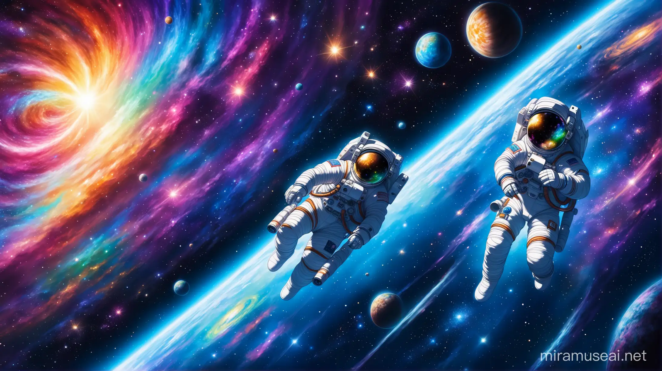 Two astronauts floating in space with a lot of colors, anime style, hyperrealistic, masterpiece, stars, galaxies, starship
