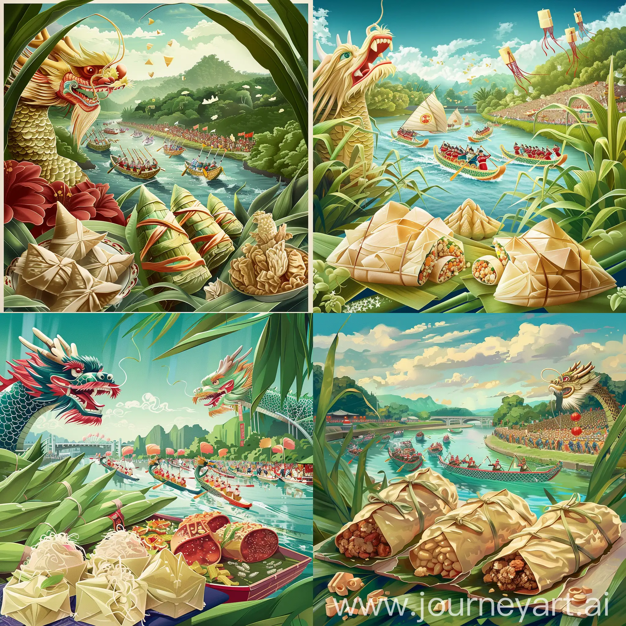 "Create a vibrant and festive poster for the Dragon Boat Festival, celebrated in China. The poster should capture the essence of the festival, combining traditional and modern elements. The foreground should feature intricately detailed zongzi, showcasing their bamboo leaf wrappings and the variety of fillings, symbolizing abundance and luck. In the background, illustrate an energetic and colorful dragon boat race with teams of paddlers in traditional attire, their dragon boats adorned with elaborate dragon heads and tails, slicing through water with determination and teamwork. The scene should be set against a picturesque backdrop of a river flowing through lush greenery, with spectators cheering from the banks under a clear, sunny sky. Integrate elements such as the Double Fifth Festival's symbolic motifs, including the five-color threads and fragrant sachets, to enhance the cultural depth. Use a palette of vibrant greens, blues, and reds to convey the festival's lively and joyful atmosphere. The overall style should be a harmonious blend of realism and stylization, capturing the viewer's imagination and honoring the rich heritage of the Dragon Boat Festival."