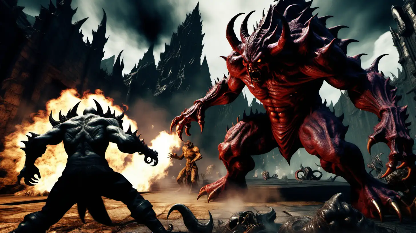 screenshot for 3rd person PC video game final boss battle, the character is fighting a big evil and ugly creature in the background, textured devil organic forms, dynamic outdoor shots, motion shot, monstorous scale, dark theme, high contrast, screenshot for cover of game magazine, fires and skulls --s 800 