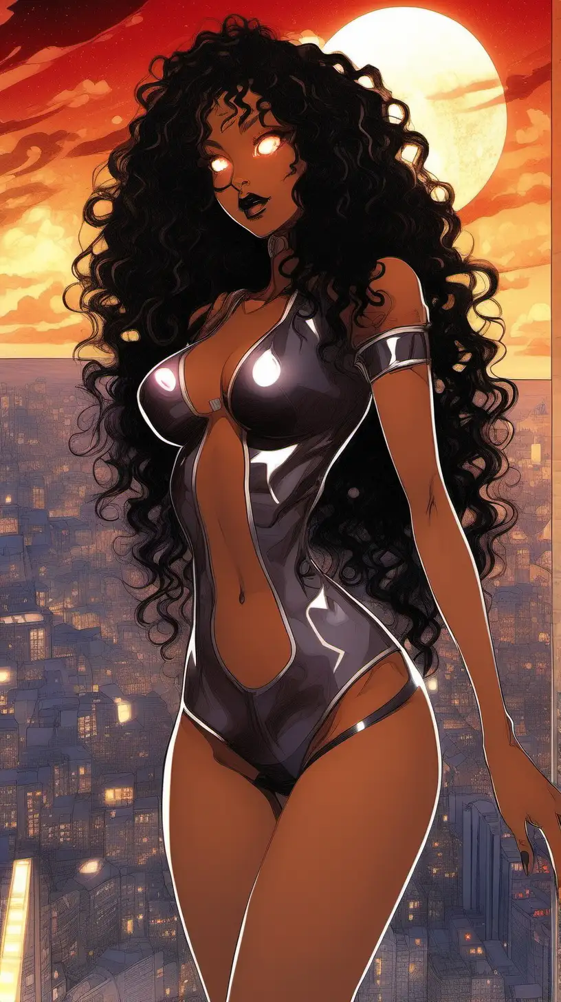 full-body:: portrait, a lovely anime character (long black wild curly hair, brown skin, black lips and red eyes), voluptuous body, illuminated by soft, glowing lights,  face drawn by the masterful artist Paul Gauguin, striking a charming pose,  looking away from the camera, with an intergalactic city landscape as the background, thin and soft lines, --ar 2:3 --niji 5 --v 5
