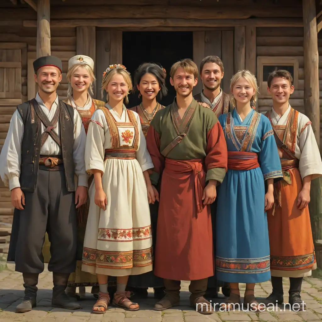 In a line stand people of different nationalities with characteristic features, in national costumes: Russians, Germans, Japanese, African-Americans, Finns. Each person can be seen in full height, with hands and feet. Each person smiles and cries with happiness.The facial features and costumes are clearly drawn, reflecting the country's national traditions. In the style of realism, 3D animation.