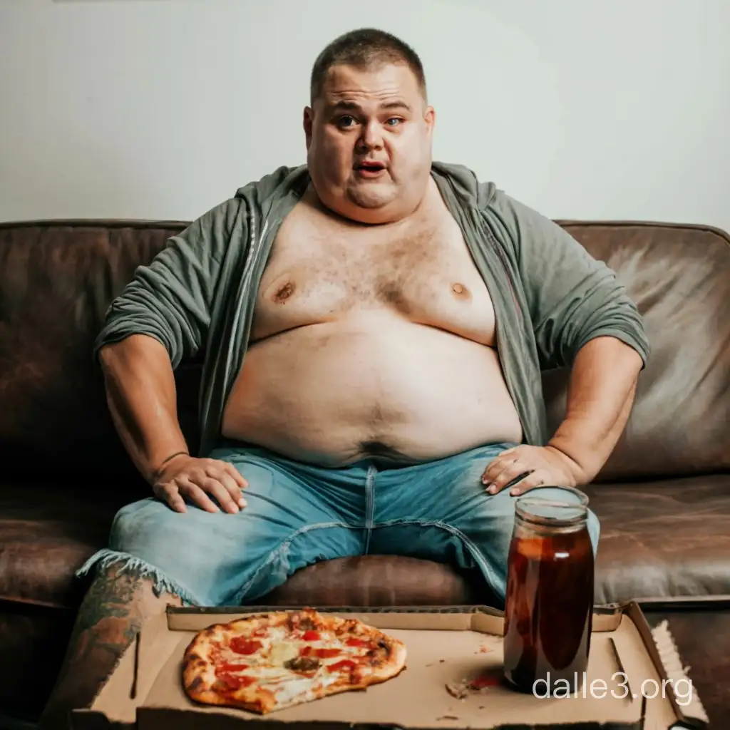Fat man with dirty clothes and a glass of brown see-through liquid sitting on the couch next to a box of half eaten pizza