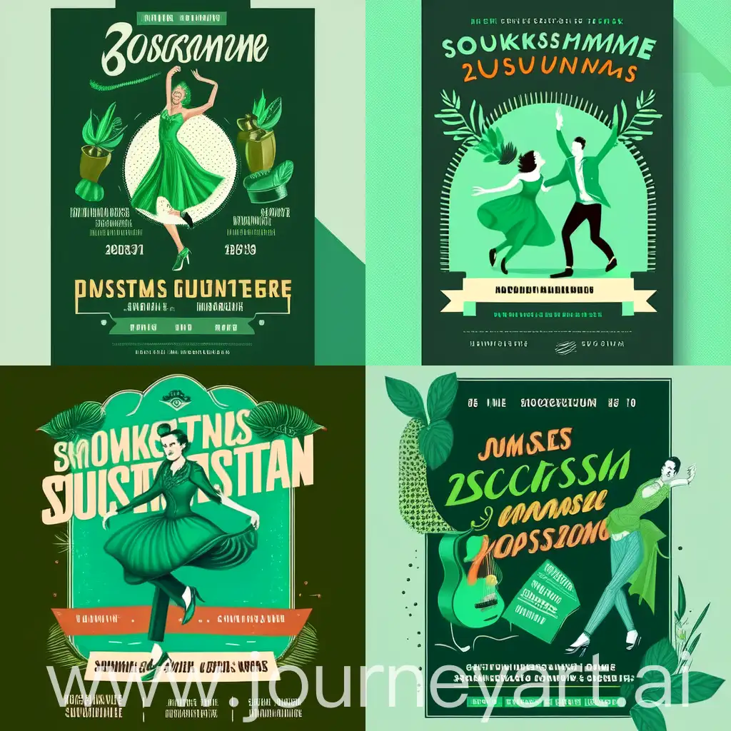 Create an illustration for a dance event poster with a vintage style and a green color scheme. At the center, include the updated event title 'Rocksulan & Rocksulesnurren' in a decorative, retro font similar to 1950s signage. Below it, place the new dates '16-17 MARS 2024' prominently. The event location, 'Fröding Arena', should be included just below the title. Feature an energetic, stylized illustration of a dance couple - the man in a dark green sweater and brown trousers, the woman in a bright yellow skirt and a white blouse - captured in a dynamic dance pose suggestive of movement and joy. Surrounding the central elements, add text listing various dance styles: Bugg, Lindy Hop, Boogie Woogie, Rock n' Roll, and West Coast Swing, arranged in a circular fashion around the perimeter of the design. The artwork should evoke the feel of a classic dance competition poster with a contemporary twist for the 2024 event.