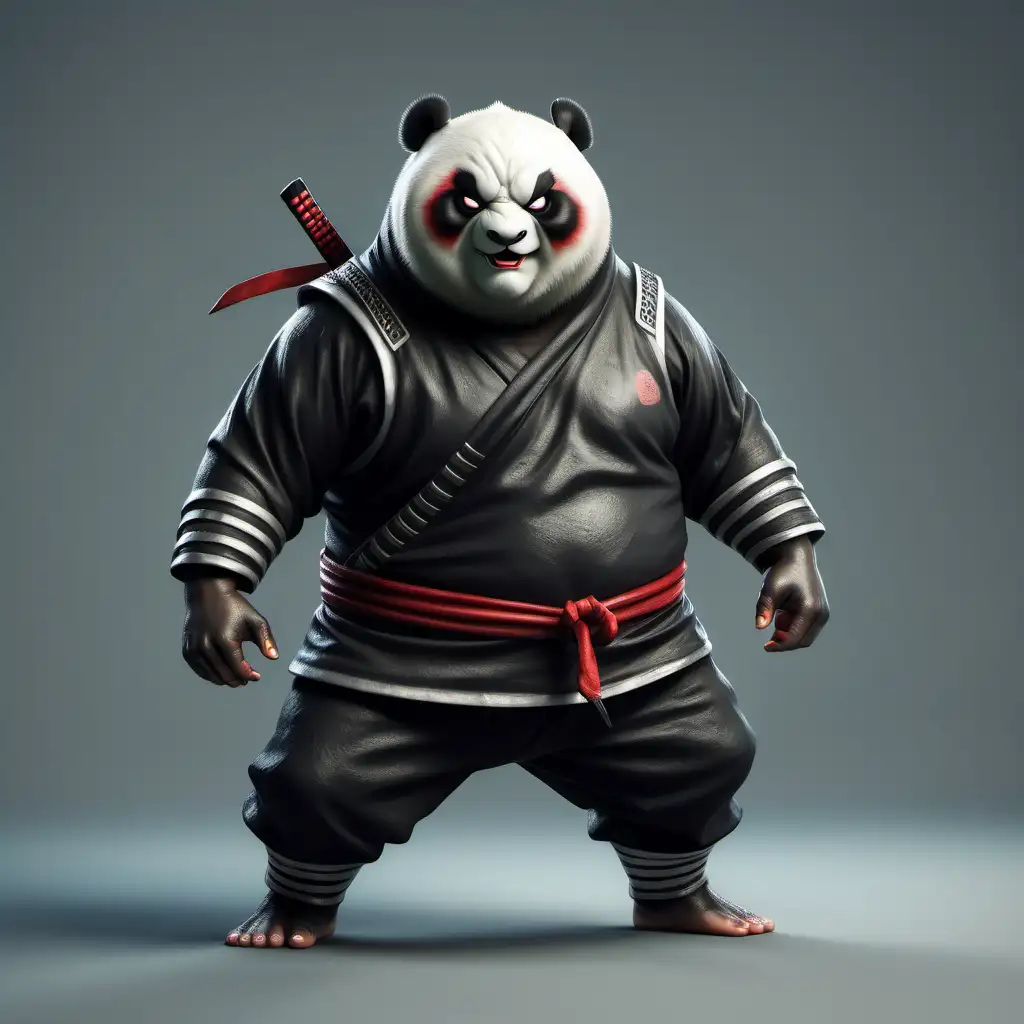 Realistic Chubby Angry Ninja Panda in Full Height with Ninja Mask