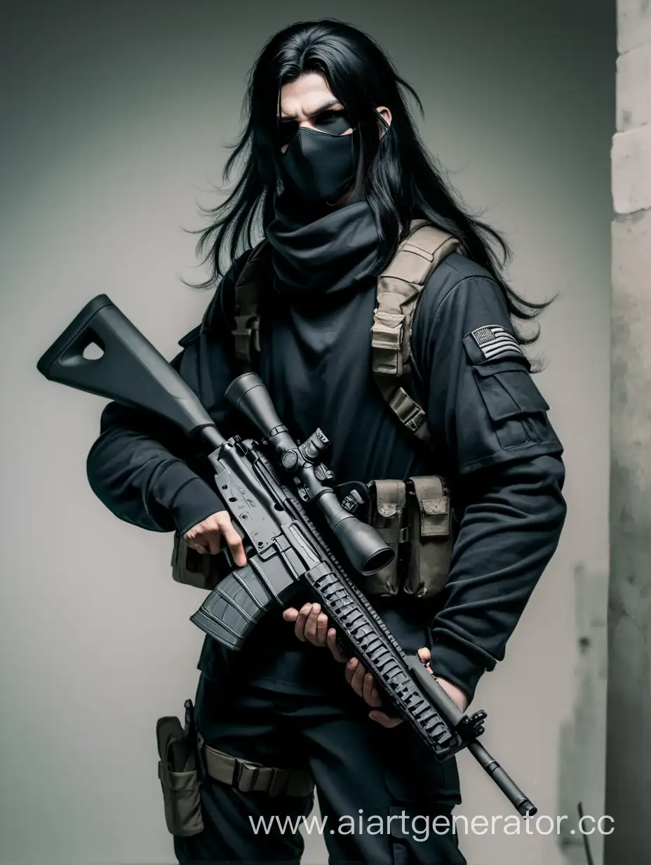 персонаж, молодой парень военный, черные глаза, маска на лице и шее, длинные черные волосы, снайперская винтовка, черная одежда