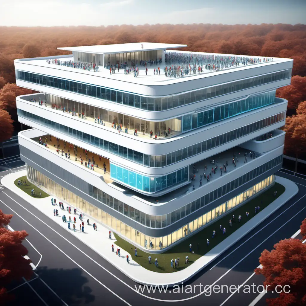 School of the future, with 3 floors of robot teachers and parking lot.