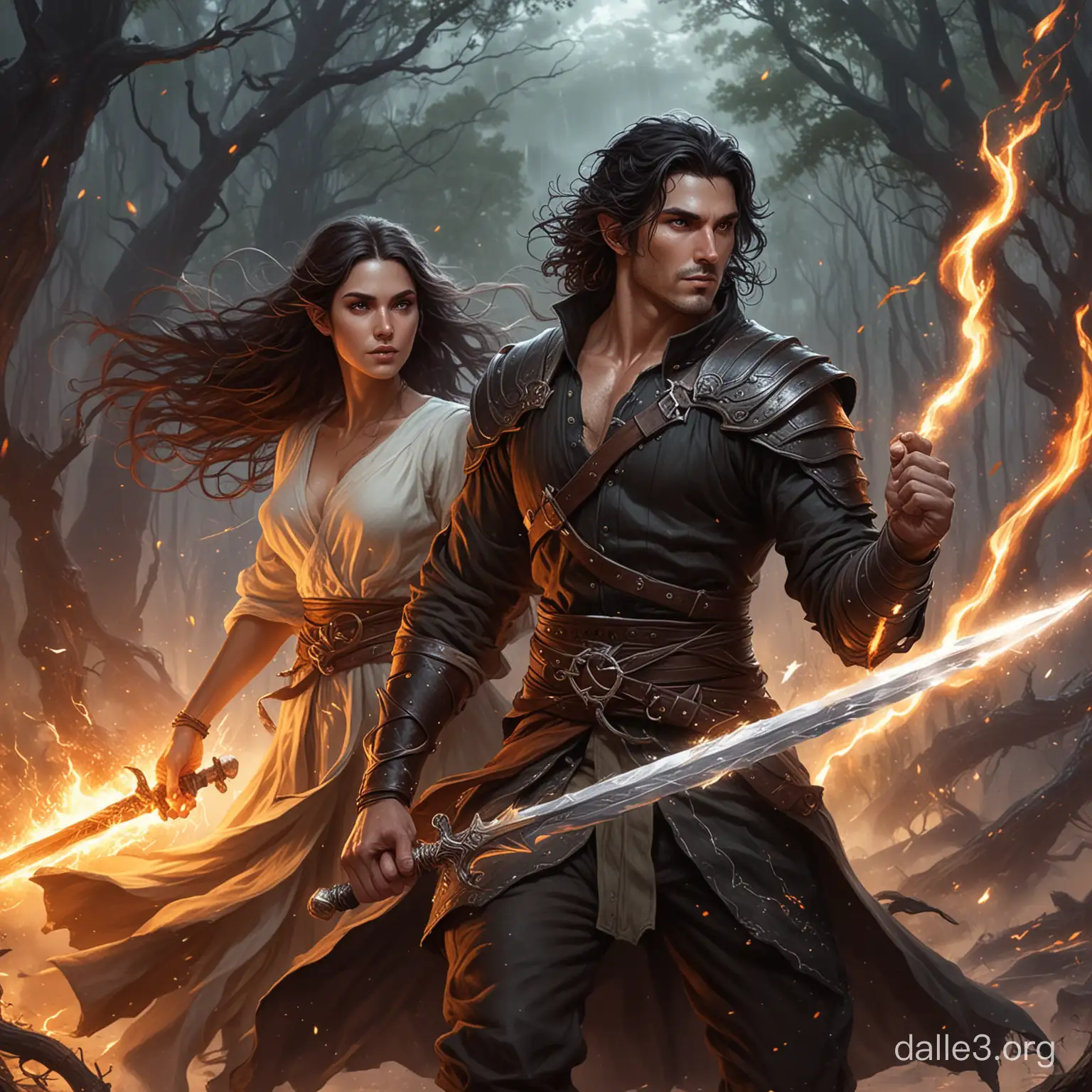 male elf druid adventurer with wavy black hair and a faint beard.  He should be dressed in something brown with no metal on it.  Behind him a girl made of fire.  He is swinging a long sword the blade covered in lightning.