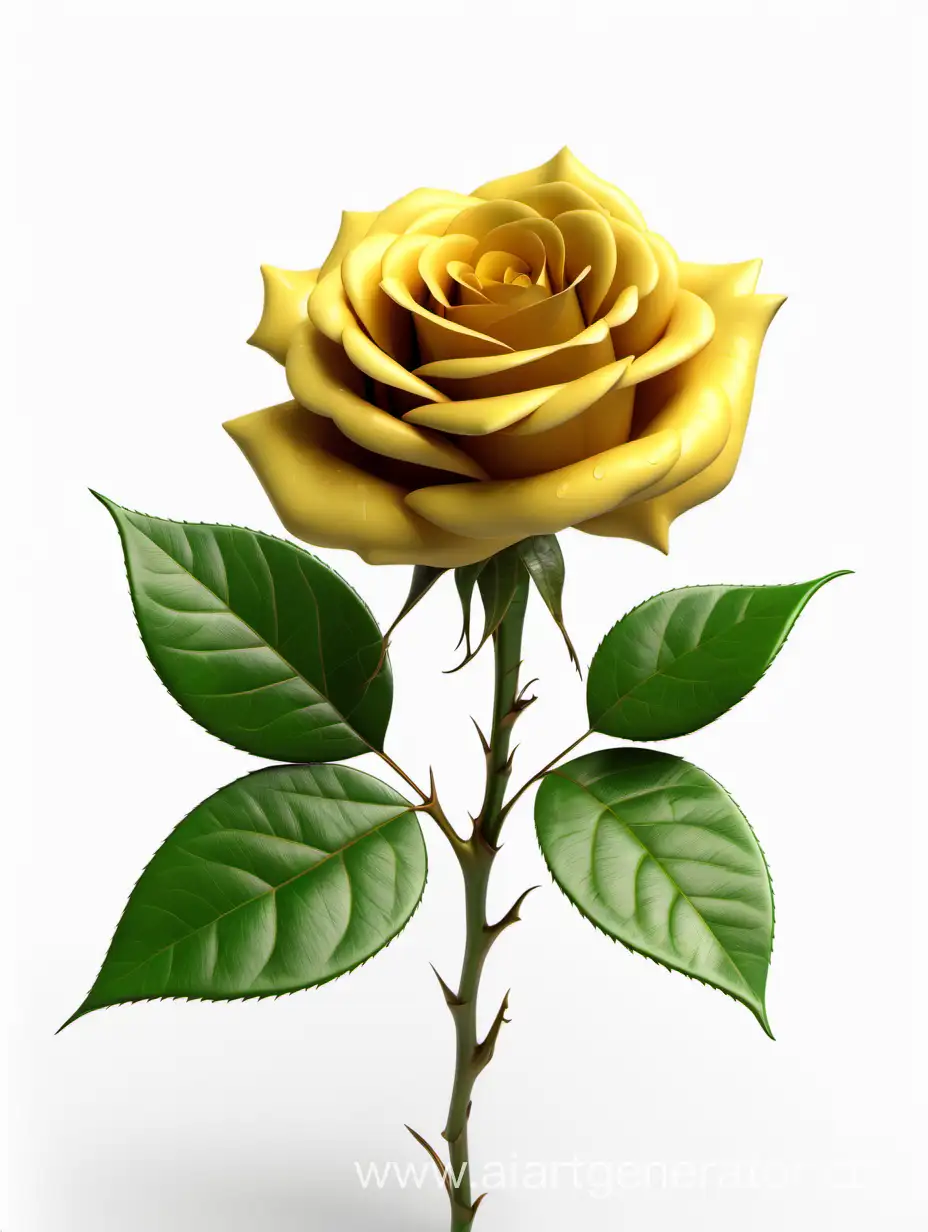 realistic dark yellow Rose 8k hd with fresh lush 2 green leaves on white background