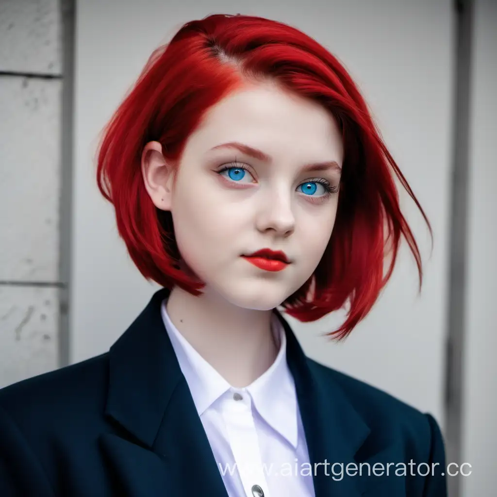 Девочка 16 лет с ярким красным объемным пышным каре, зачёсанным на бок, с голубыми глазами 
одетая в чёрный классический пиджак 