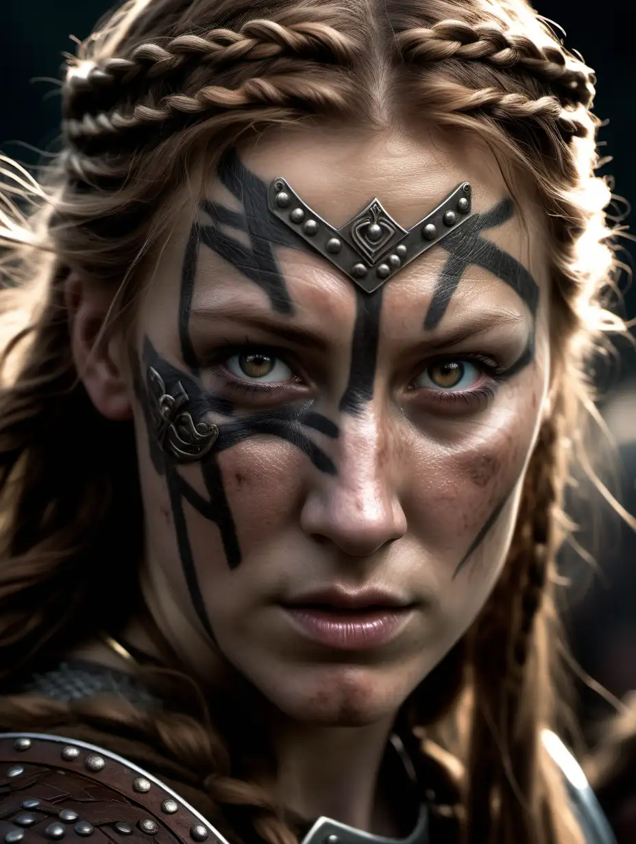 (cinematic lighting), The shieldmaiden is a woman with long brown hair who took up arms and armor and fought in battle alongside men of the Battle of Bråvalla in his early 13th-century CE Gesta Danorum where he claims 300 shieldmaidens fought for the Danes, fierce looking, scar on the face, intricate details, detailed face, detailed eyes, hyper realistic photography,