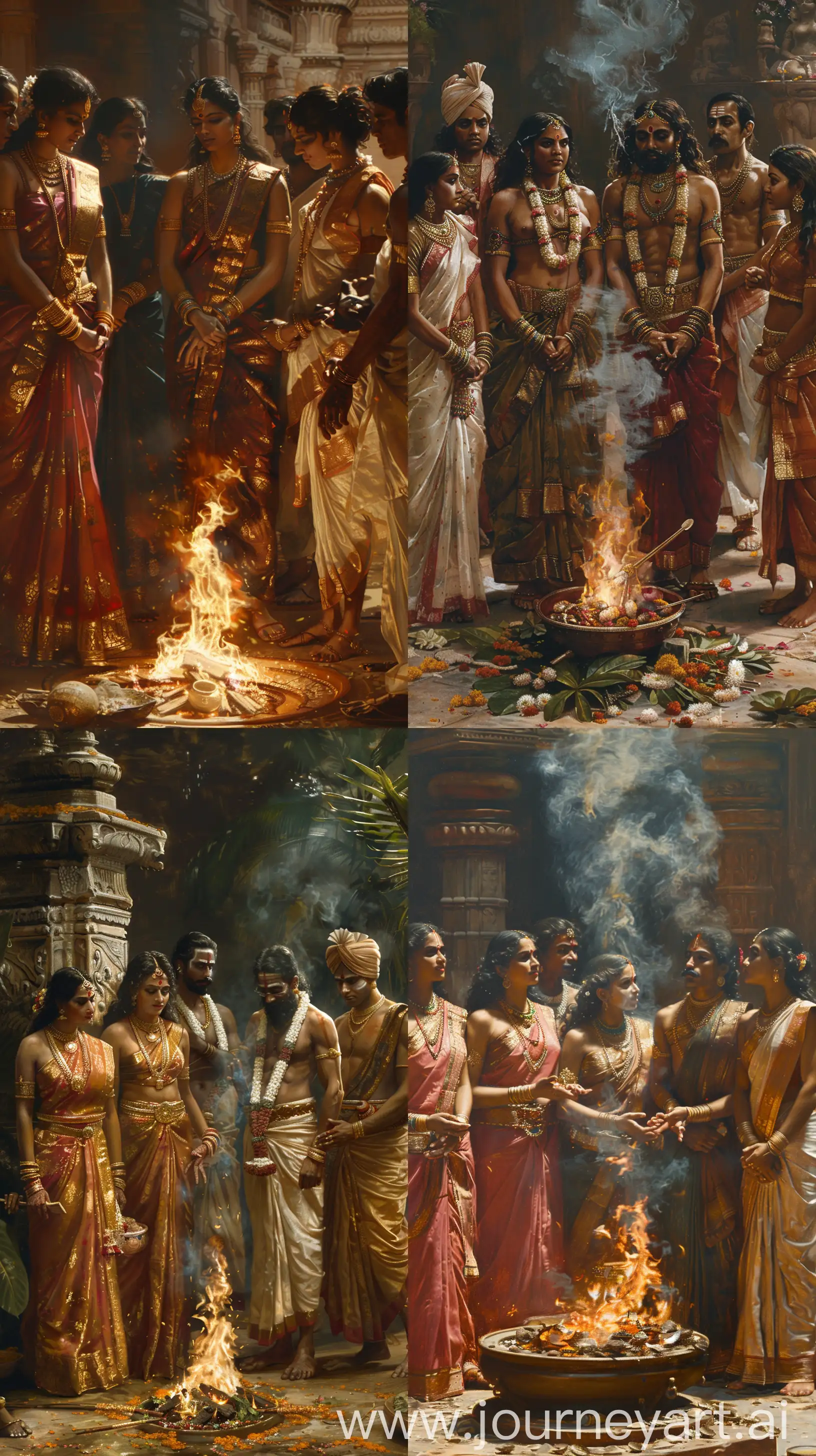 A group of Indian people from ancient times, standing aside a Yagna fire, all standing, intricate details, Raj Ravi varma art style, 8k quality --s 200 --ar 9:16 --v 6