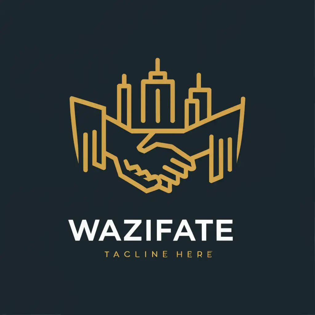 a logo design,with the text "Wazifate", main symbol:suits, buildings, handshake,Moderate,clear background